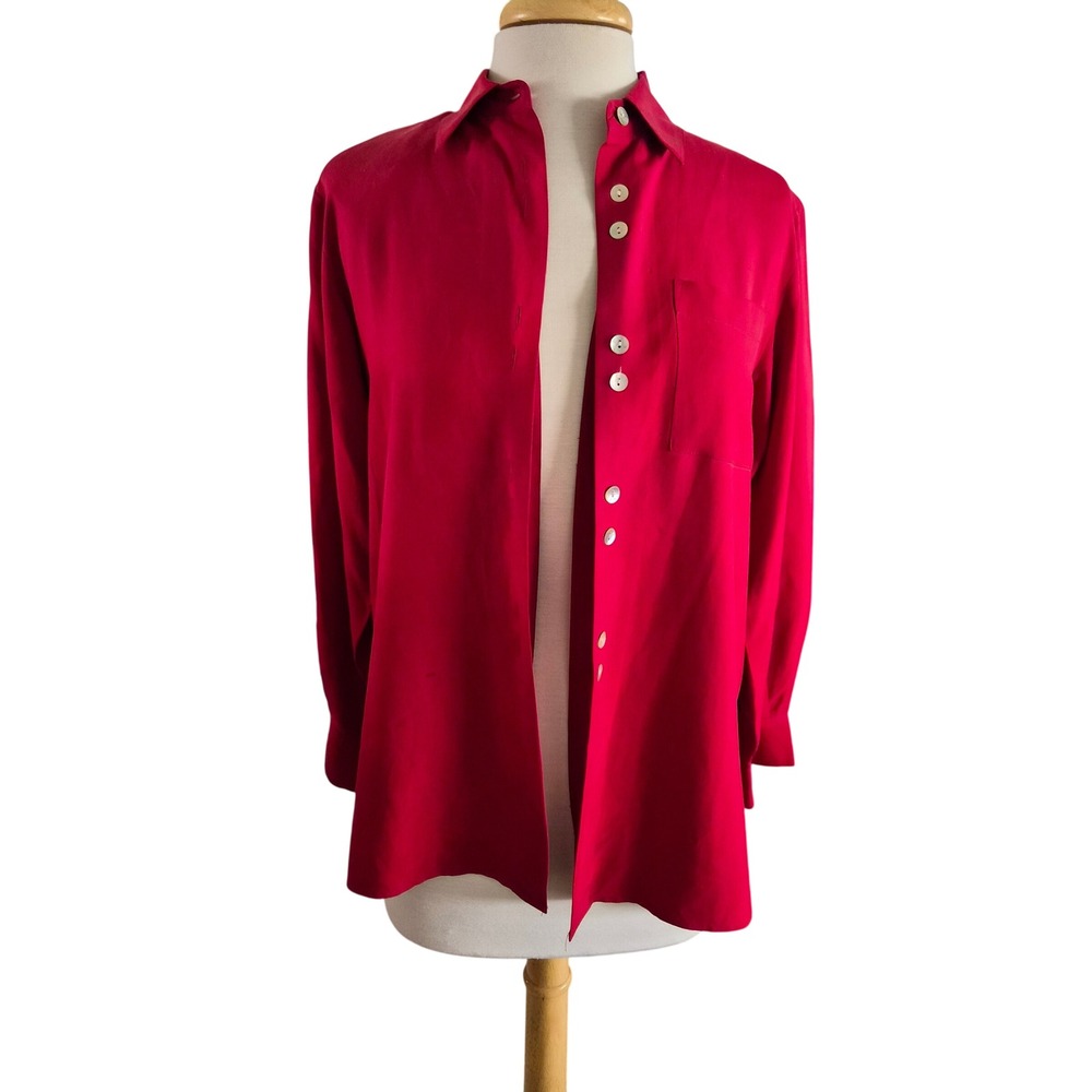 Petite Sophisticate Red 100% Silk Button Down Blouse Long Sleeve Shirt Size P - Picture 3 of 8